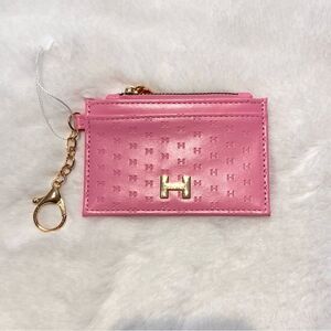H Halston Bright Bubblegum Pink Monogram Card Holder with Keyring NWT